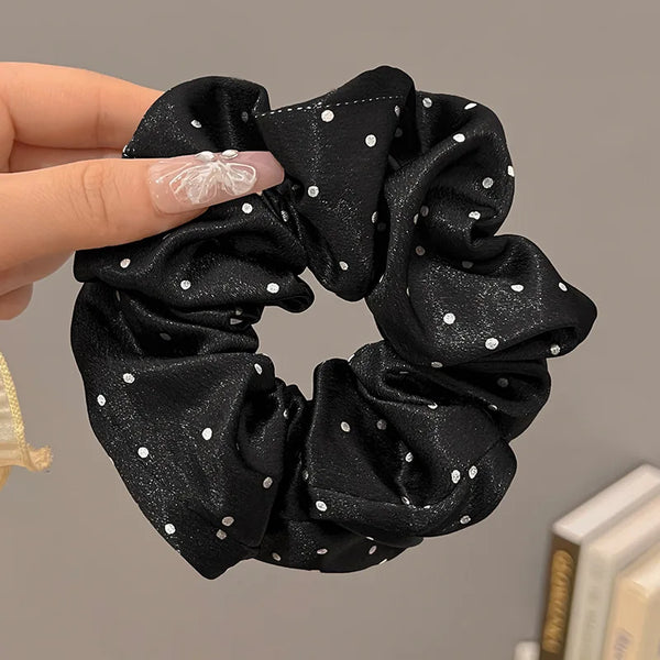 1/3PCS Polka Dot Satin Scrunchies – Large Ruffled Hair Bands for Women, Black & White Elegant Hair Ties