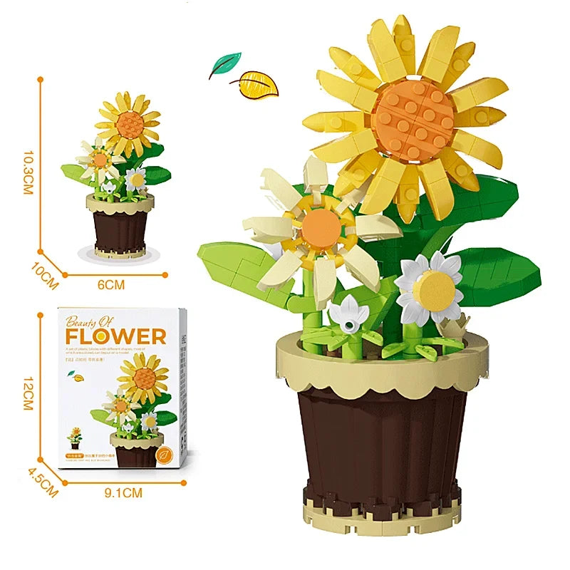 Creative Building Block Bouquet, Eternal Flower Plant Potted Gift, Rose Sunflower Potted Plant, Assembled Building Block Toy