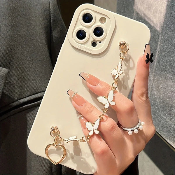 Black White Butterfly Chain Phone Case For iPhone 17 16 15 14 13 12 11 Pro Max 7 8 Plus 16E XR X XS SE Shockproof Silicone Cover