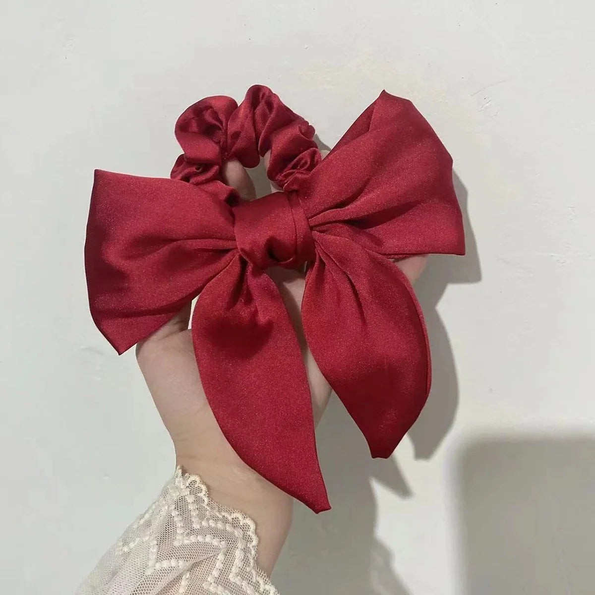 Elegant Satin Bow Hair Tie for Women – Large Ribbon Scrunchie Ponytail Holder, Solid Color Bowknot Elastic Hair Band for Girls