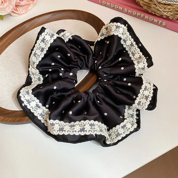 1/3PCS Polka Dot Satin Scrunchies – Large Ruffled Hair Bands for Women, Black & White Elegant Hair Ties