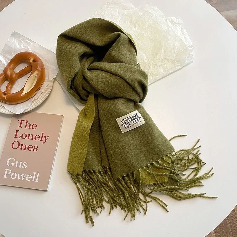 2023 Korean Style Cashmere Winter Scarf for Women – Knitted Double-Sided Solid Color Wrap | Soft Warm Fashion Neckerchief Shawl