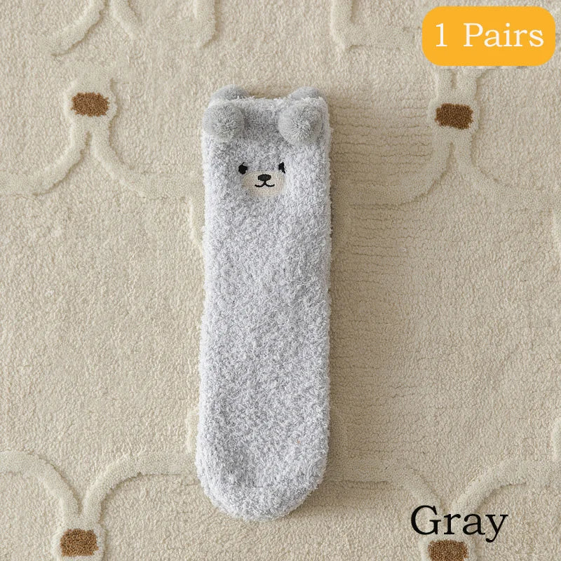 2 Pairs Cute Socks Bear Women Coral Velvet Thick Plush Warm Socks Sleep Fluffy Socks Cute Cartoon Lovely Floor Fuzzy Sock Winter