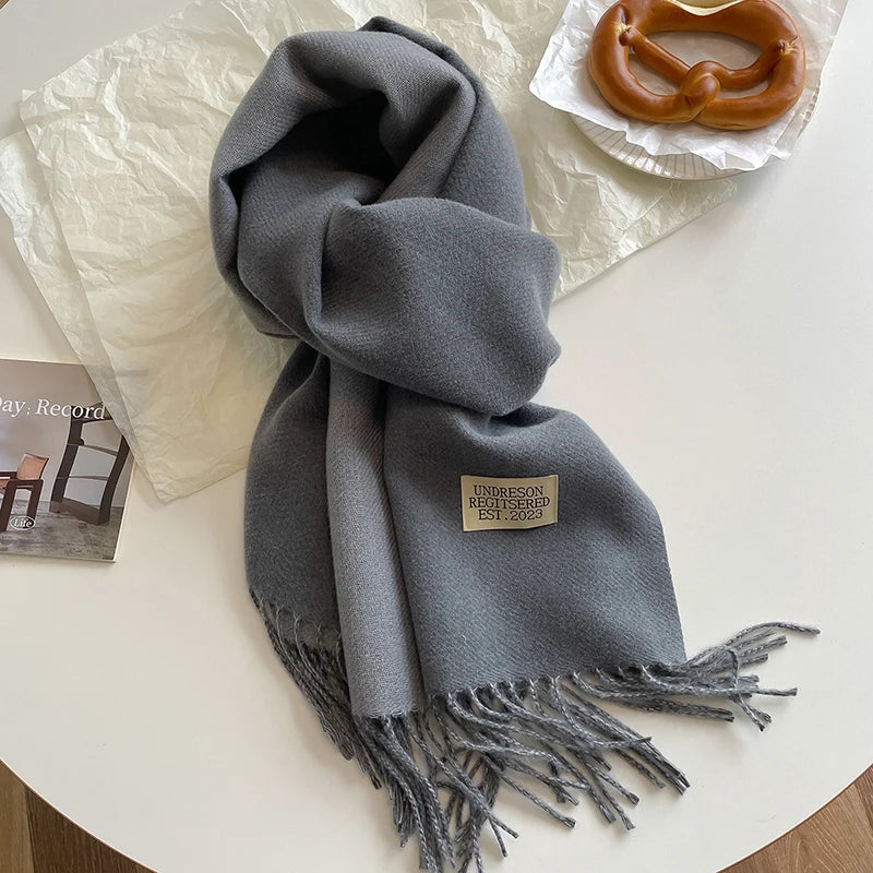 2023 Korean Style Cashmere Winter Scarf for Women – Knitted Double-Sided Solid Color Wrap | Soft Warm Fashion Neckerchief Shawl