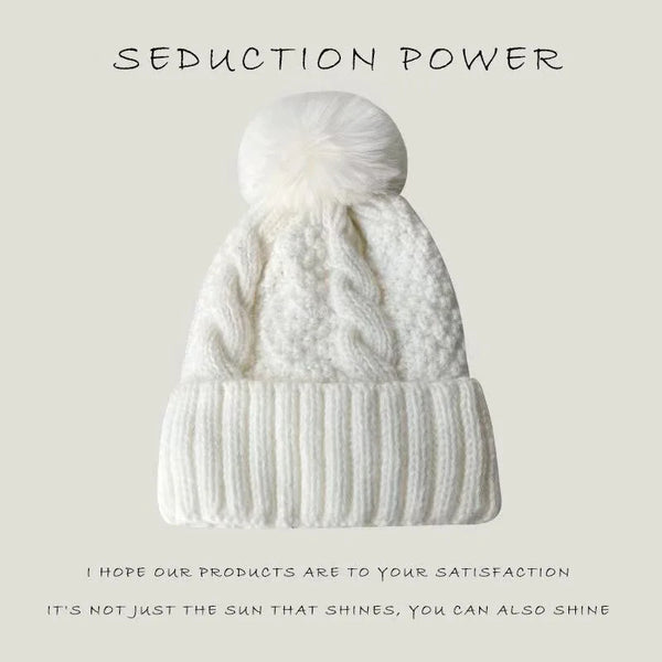 New Winter Twist Knitting Hat For Women Fur Pompom Thick Plush Cap Beanie Solid Color Ladies Warm Ski Snow Skullies Beanies
