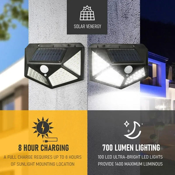 100 LED Solar Wall Lamp All Sides Luminous Motion Sensor Human Induction Courtyard Waterproof Stairs Outdoor Wall Light