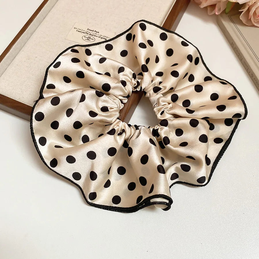 1/3PCS Polka Dot Satin Scrunchies – Large Ruffled Hair Bands for Women, Black & White Elegant Hair Ties
