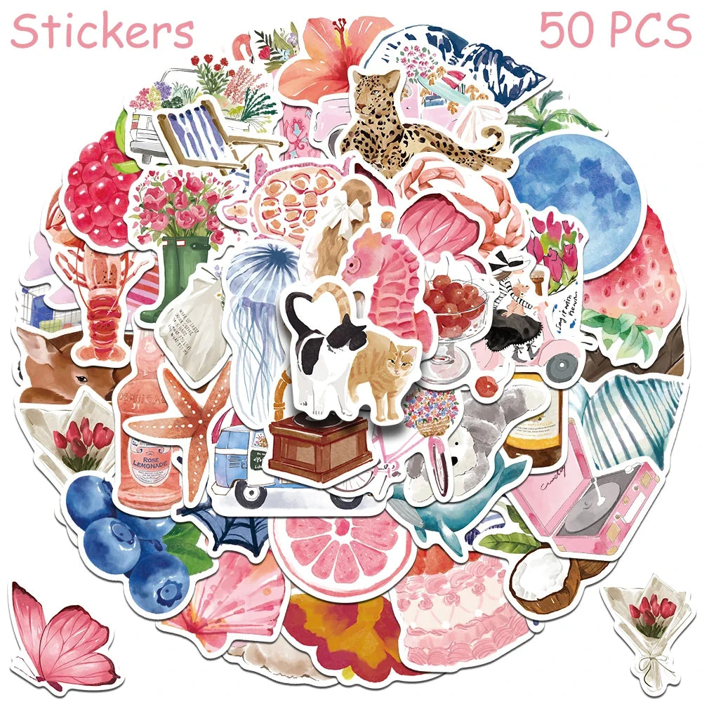 50/100pcs Cartoon Watercolor Dairy Stickers Decals For Phone Laptop Scrapbook Luggage Helmet DIY Graffiti Aesthetic Stickers
