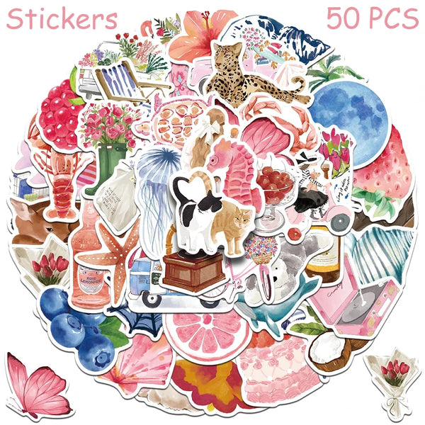 50/100pcs Cartoon Watercolor Dairy Stickers Decals For Phone Laptop Scrapbook Luggage Helmet DIY Graffiti Aesthetic Stickers