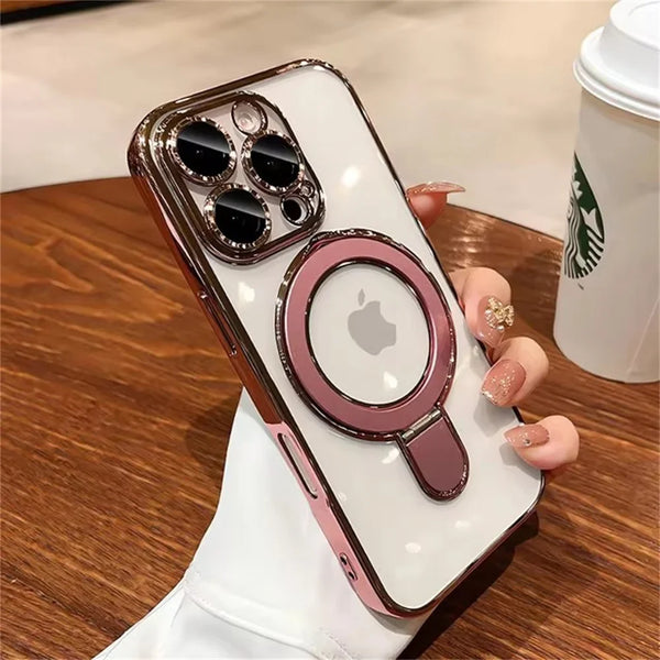 Luxury MagSafe Bracket Case for iPhone 16 & 17 – Clear Acrylic with Magnetic Ring Stand