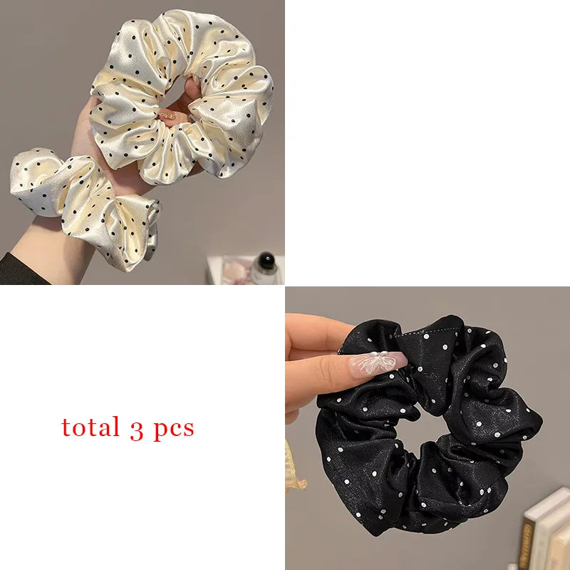 1/3PCS Polka Dot Satin Scrunchies – Large Ruffled Hair Bands for Women, Black & White Elegant Hair Ties