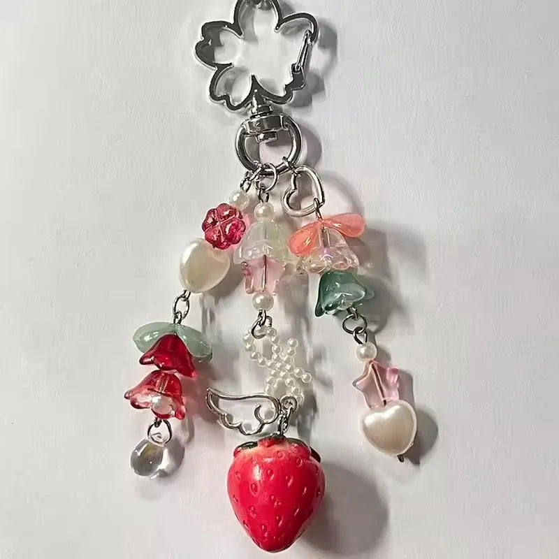 Cute Strawberry Bow Keychain Y2K Coquettish Fairytale Lily of the Valley Handbag Pendant Key Ring Jewelry Accessories Girls Gift