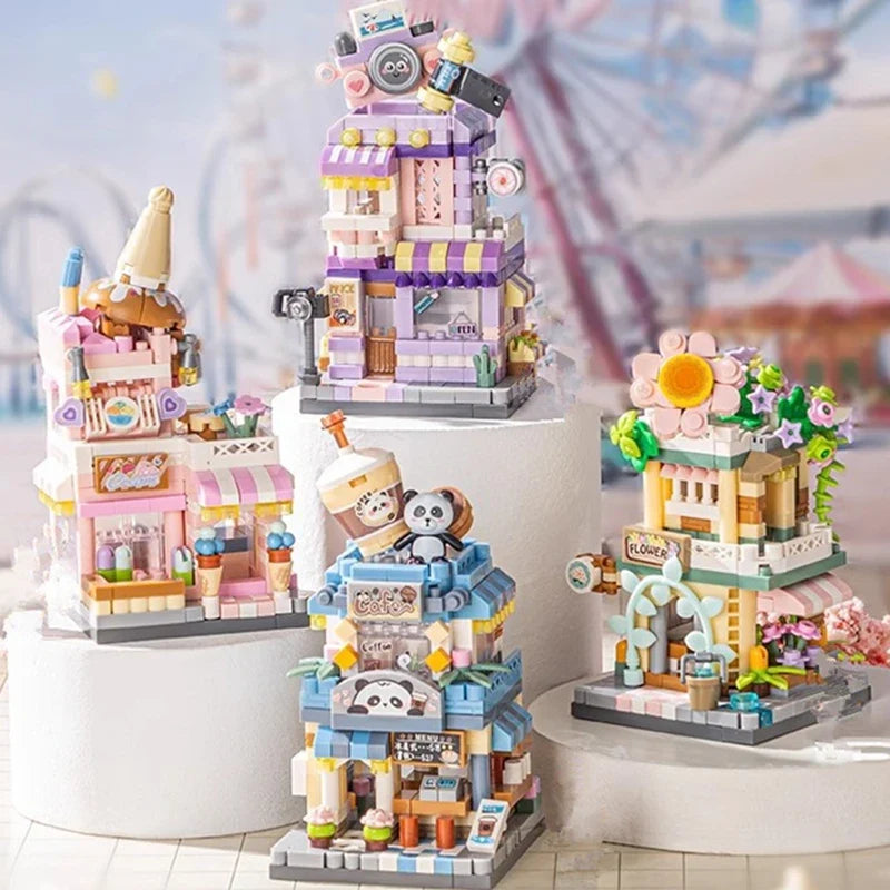NEW Panda Pet Coffee Ice Cream Flower Shop Store Street View Food House Building Blocks Kit Girls Bricks Model Kids Toy Children