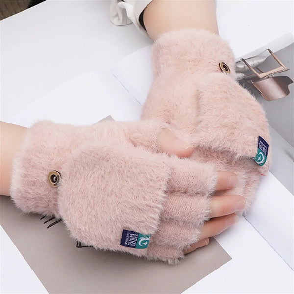 Women’s Plush Fingerless Gloves – Soft Winter Flip Mittens, Thick Warm Writing Gloves for Students & Outdoor Cold Weather Protection