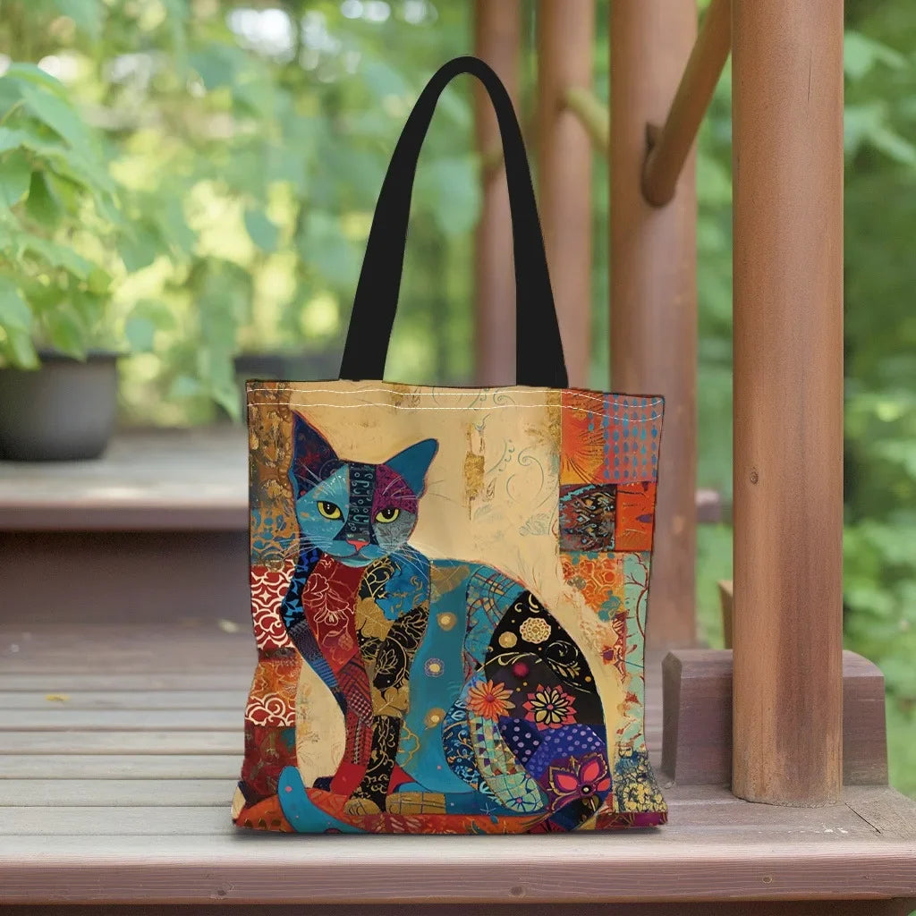Eco-Friendly Canvas Tote Bag – Floral Cat Design & Lightweight