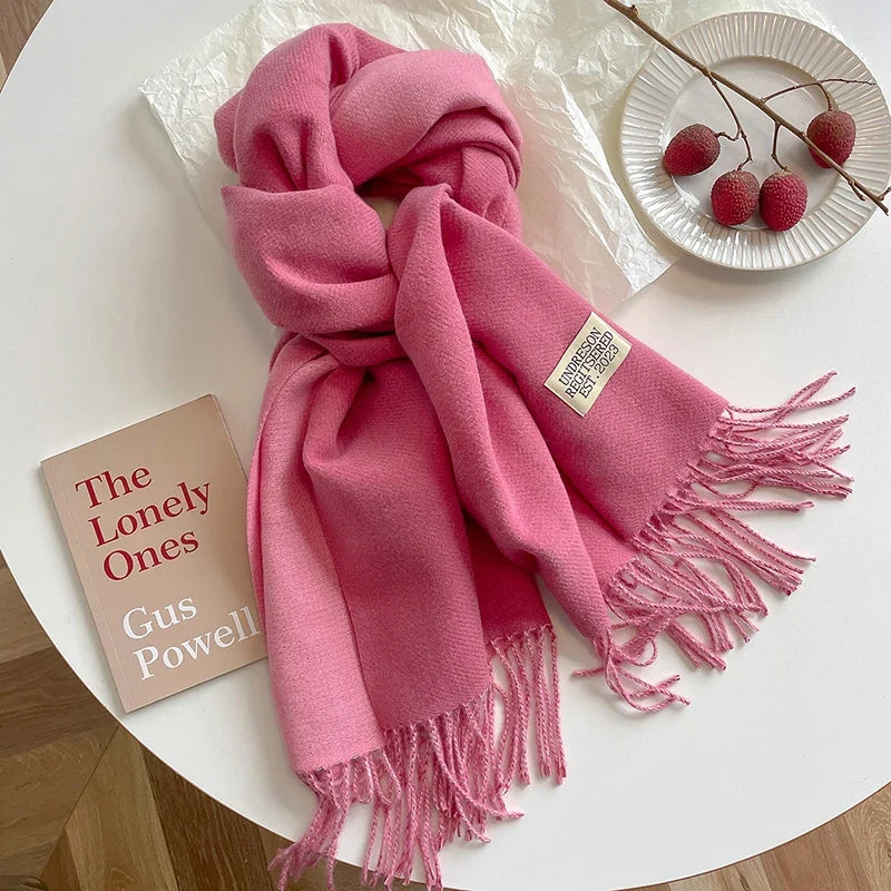 2023 Korean Style Cashmere Winter Scarf for Women – Knitted Double-Sided Solid Color Wrap | Soft Warm Fashion Neckerchief Shawl