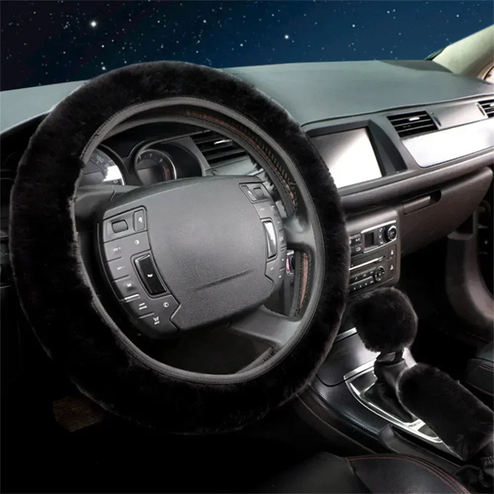 3pcs/Set Fur Fluffy Thick Auto Car Steering Wheel Plush Cover Soft Wool Winter Pink,Blue,Purple,Black For 38cm Steering Wheel