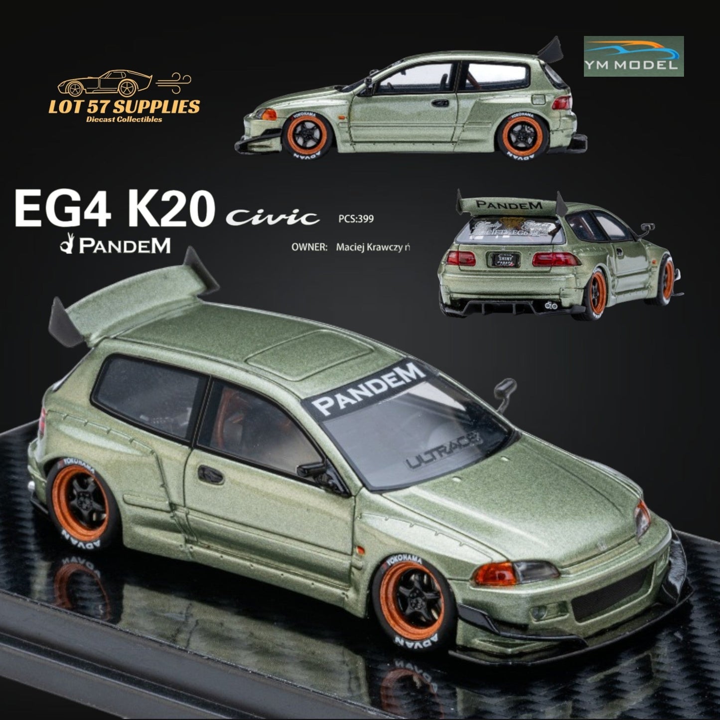 (Pre-Order) YM Model Honda Civic Pandem EG4 K20 Modified Bronze Green 1:64 Limited to 399 PCS