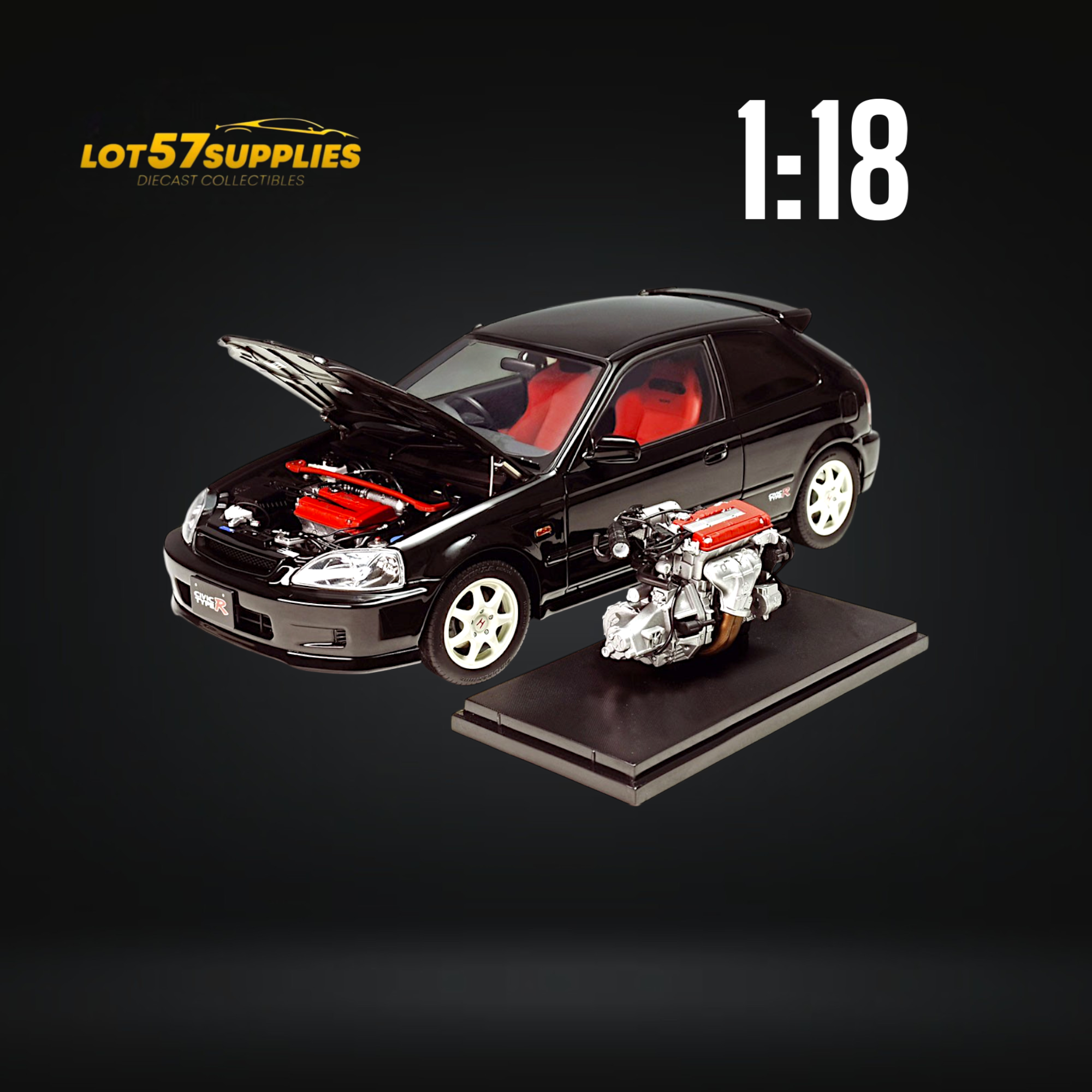 MOTORHELIX Honda Civic Type-R EK9-120 BLACK Fully Openable 1:18 - Collectors World Toys