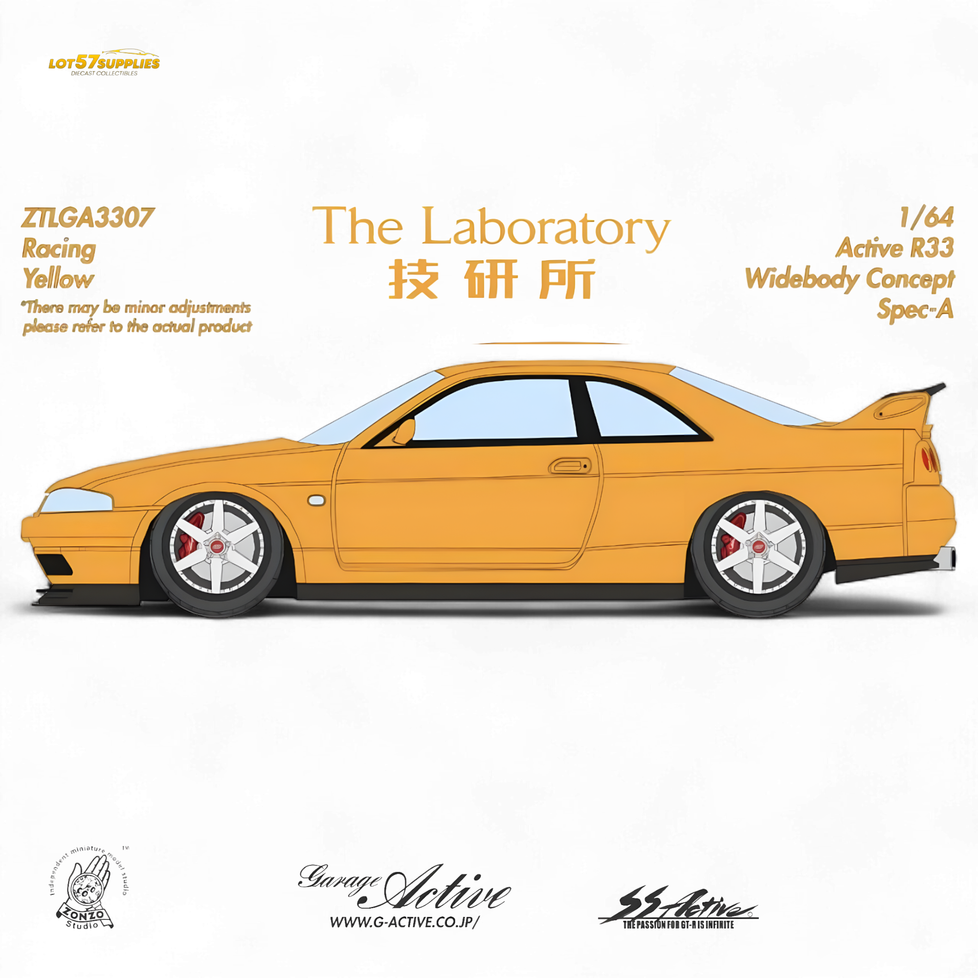 (Pre-Order) The Laboratory x ZONZO Nissan R33 Widebody Concept Spec-A - Racing Yellow 1/64 - Collectors World Toys