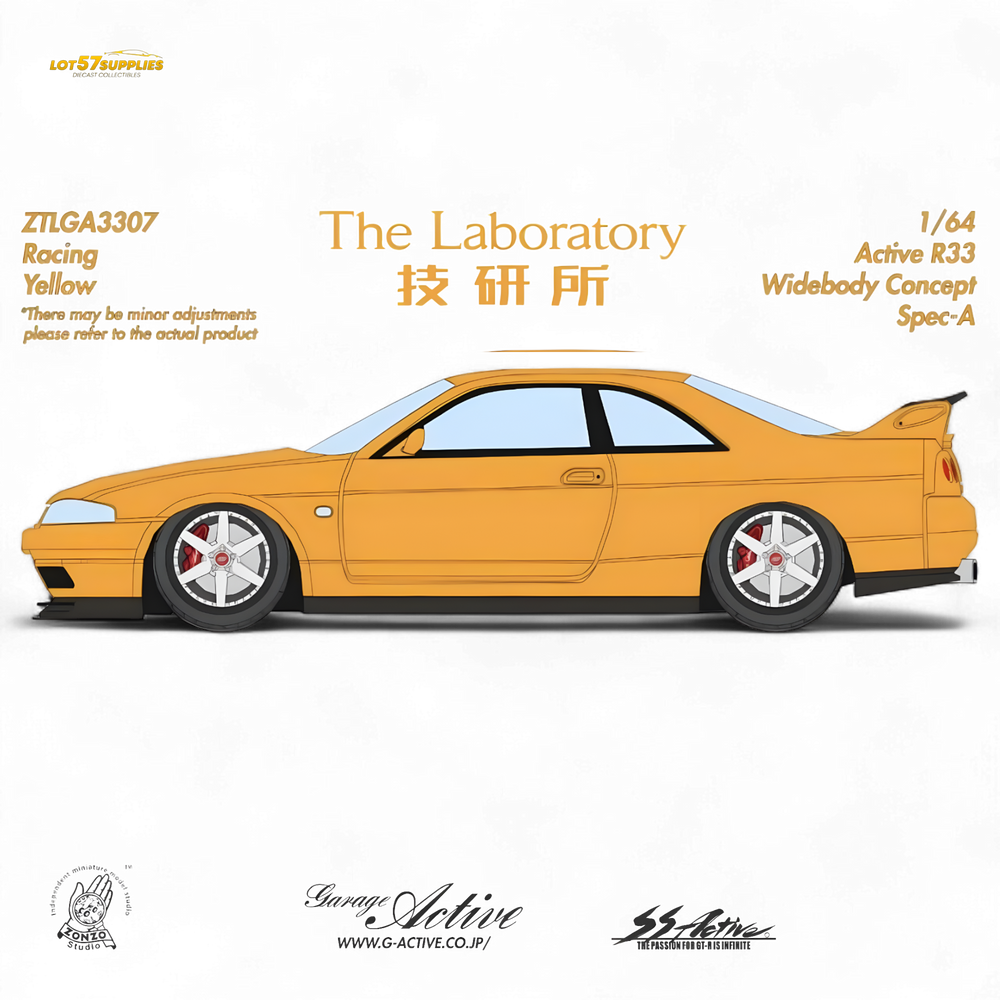 (Pre-Order) The Laboratory x ZONZO Nissan R33 Widebody Concept Spec-A - Racing Yellow 1/64 - Collectors World Toys