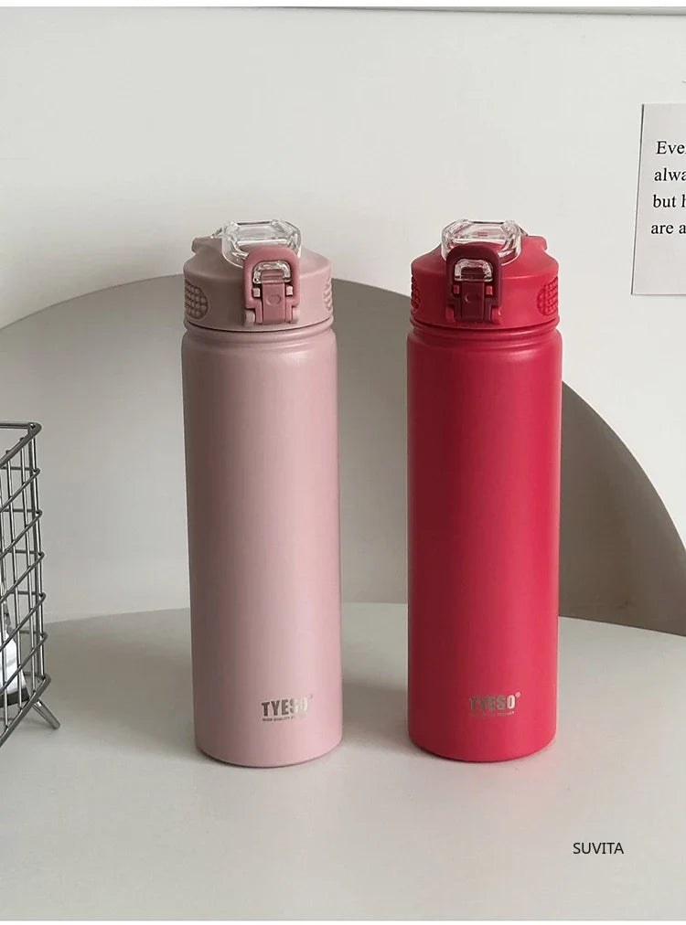 TYESO 600ML/750ML Thermos Water Bottle With Straw Stainless Steel Car Thermal Sports Cup Keeps Cold and Heat Thermal Travel Mug