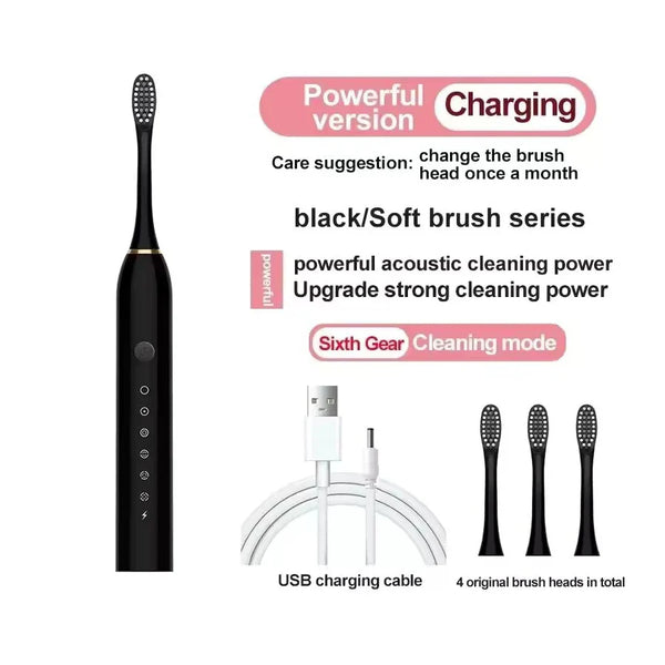 Electric Ultrasonic Toothbrush – 6 Speed Modes Soft Bristle USB Rechargeable Waterproof Tooth Cleaner | Automatic Toothbrush for Adults & Couples