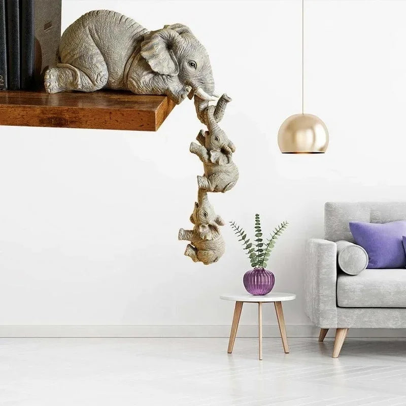 3pcs/set Cute Elephant Figurines Elephant Holding Baby Elephant Hanging Off The Edge of A Shelf or Table Resin Crafts