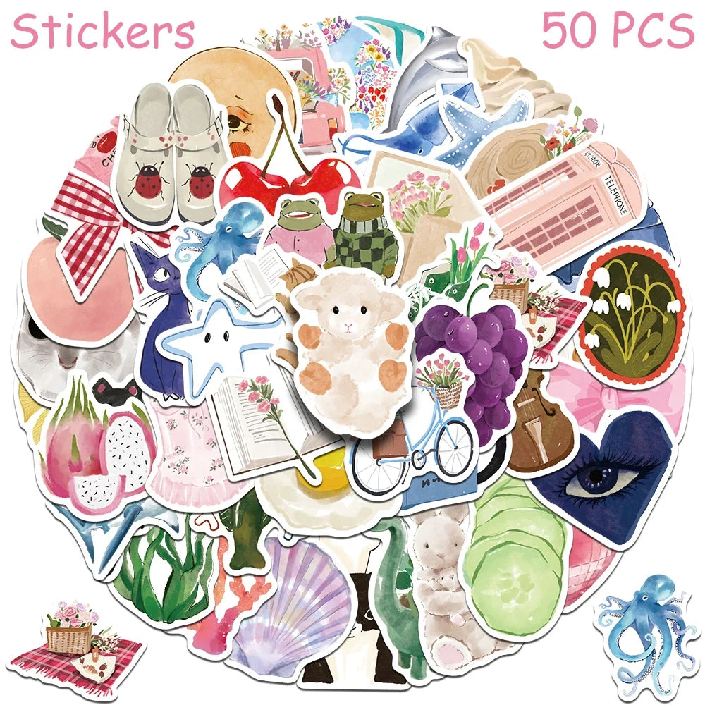 50/100pcs Cartoon Watercolor Dairy Stickers Decals For Phone Laptop Scrapbook Luggage Helmet DIY Graffiti Aesthetic Stickers