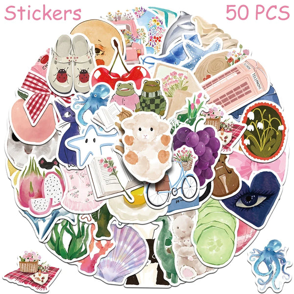 50/100pcs Cartoon Watercolor Dairy Stickers Decals For Phone Laptop Scrapbook Luggage Helmet DIY Graffiti Aesthetic Stickers