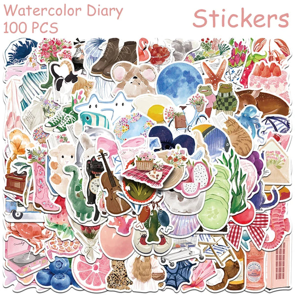 50/100pcs Cartoon Watercolor Dairy Stickers Decals For Phone Laptop Scrapbook Luggage Helmet DIY Graffiti Aesthetic Stickers