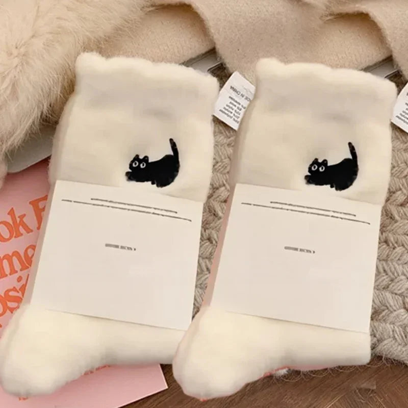 3Pairs Premium Feel Cute Cat Cozy Hairy Mink Velvet Socks Autumn Winter Hosiery Thickened Plush Warm Sleep Home Fluffy Socks
