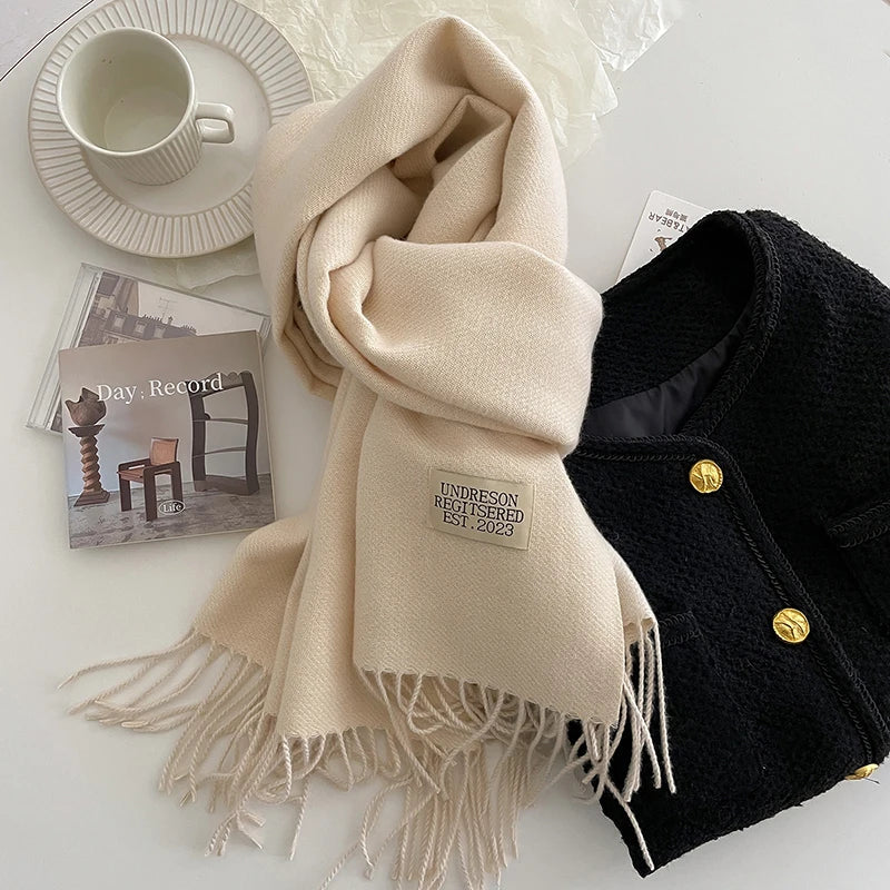 2023 Korean Style Cashmere Winter Scarf for Women – Knitted Double-Sided Solid Color Wrap | Soft Warm Fashion Neckerchief Shawl