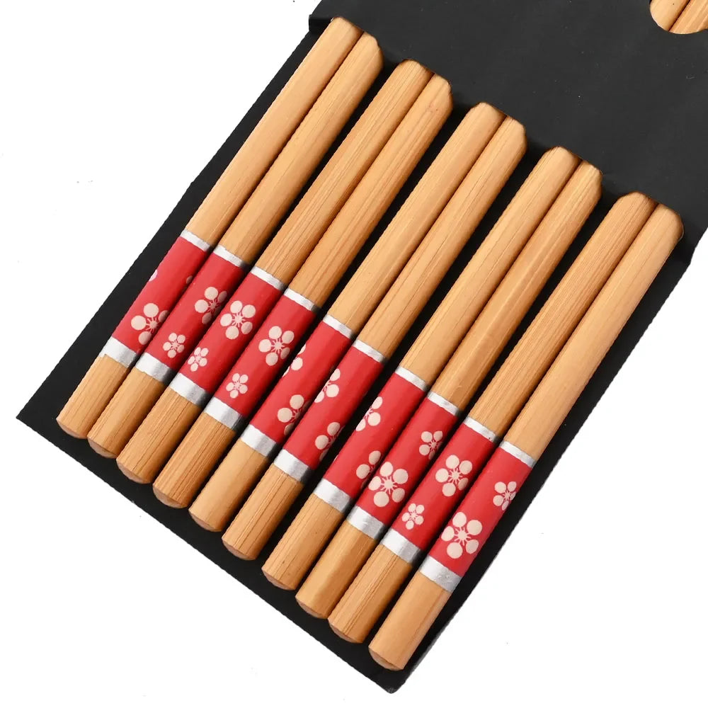 Eco-Friendly Reusable Bamboo Chopsticks Set – 5 Pairs Handmade Japanese Wooden Tableware for Sushi & Everyday Dining