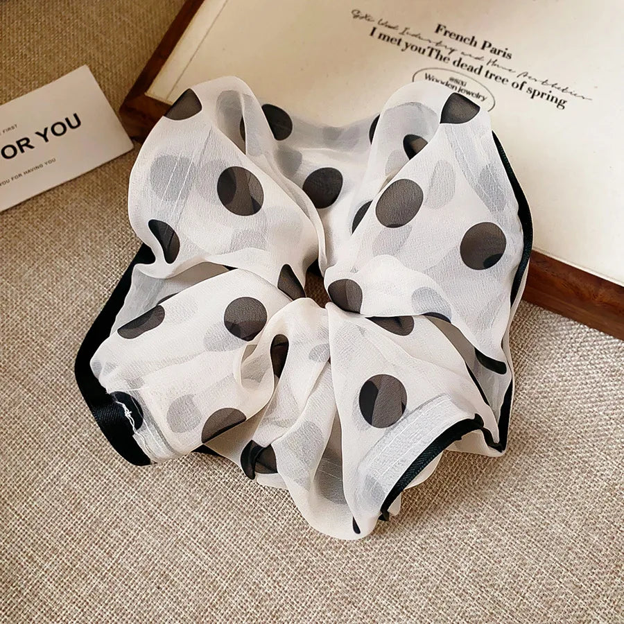 1/3PCS Polka Dot Satin Scrunchies – Large Ruffled Hair Bands for Women, Black & White Elegant Hair Ties