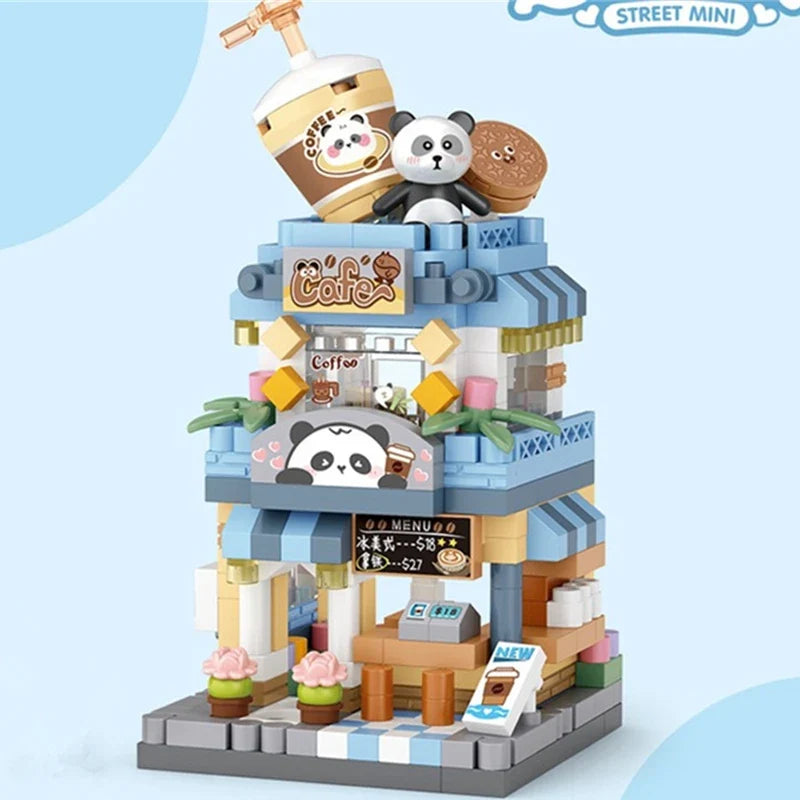 NEW Panda Pet Coffee Ice Cream Flower Shop Store Street View Food House Building Blocks Kit Girls Bricks Model Kids Toy Children