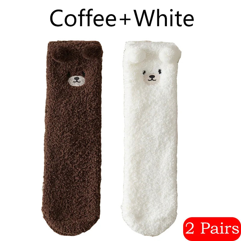 2 Pairs Cute Socks Bear Women Coral Velvet Thick Plush Warm Socks Sleep Fluffy Socks Cute Cartoon Lovely Floor Fuzzy Sock Winter