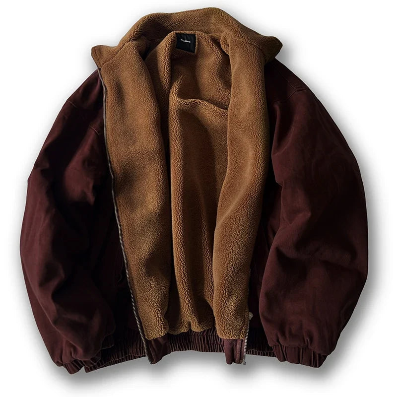 Japanese Vintage Polar Fleece Jacket for Men – Thick Warm Winter Coat with Stand Collar & Trendy Streetwear Style