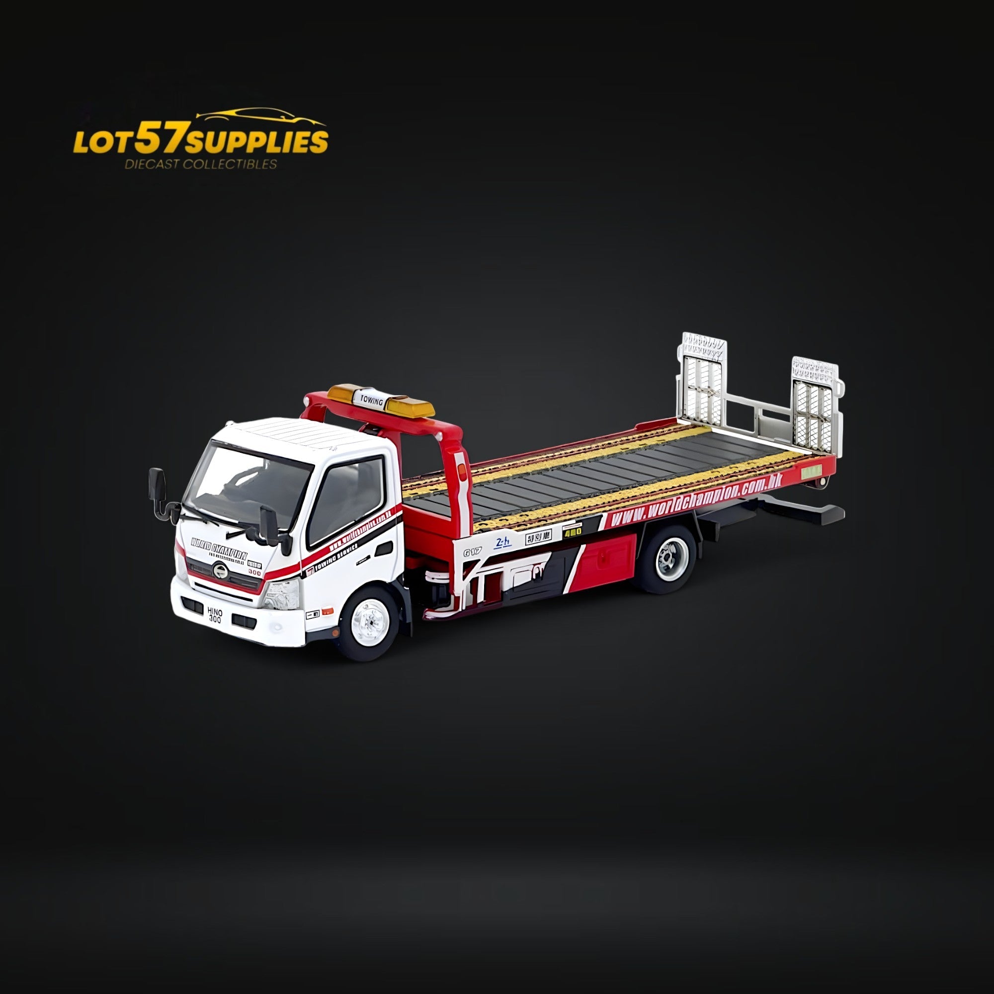 Unique Model Hino 300 Dutro Flatbed Flatbed Tow Truck in WORLD CHAMPION Livery 1:64 - Collectors World Toys