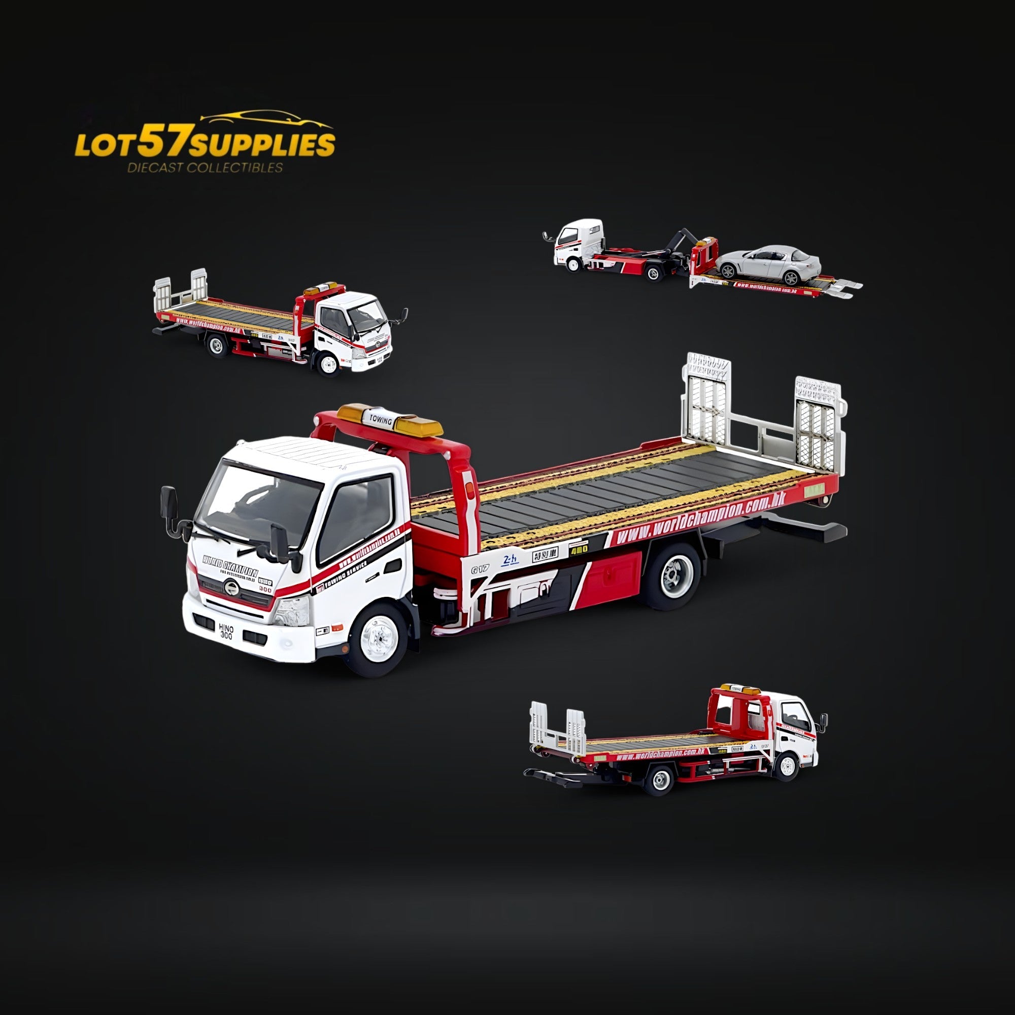 Unique Model Hino 300 Dutro Flatbed Flatbed Tow Truck in WORLD CHAMPION Livery 1:64 Main image
