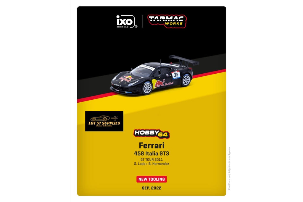 Tarmac Works Hobby64 Ferrari 458 Italia GT3 #39 GT TOUR 2011 Red Bull 1:64 - Collectors World Toys
