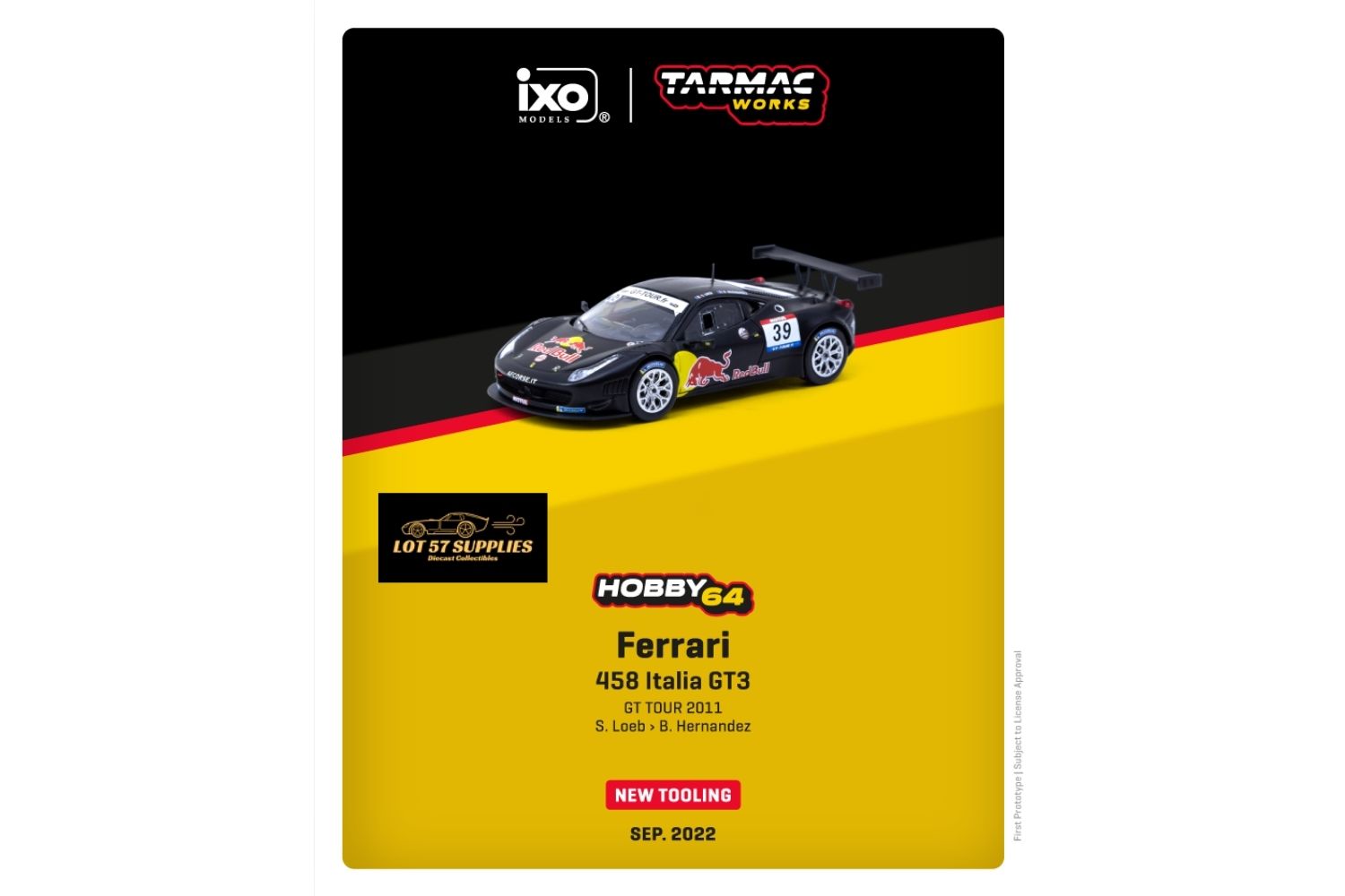 Tarmac Works Hobby64 Ferrari 458 Italia GT3 #39 GT TOUR 2011 Red Bull 1:64 - Collectors World Toys