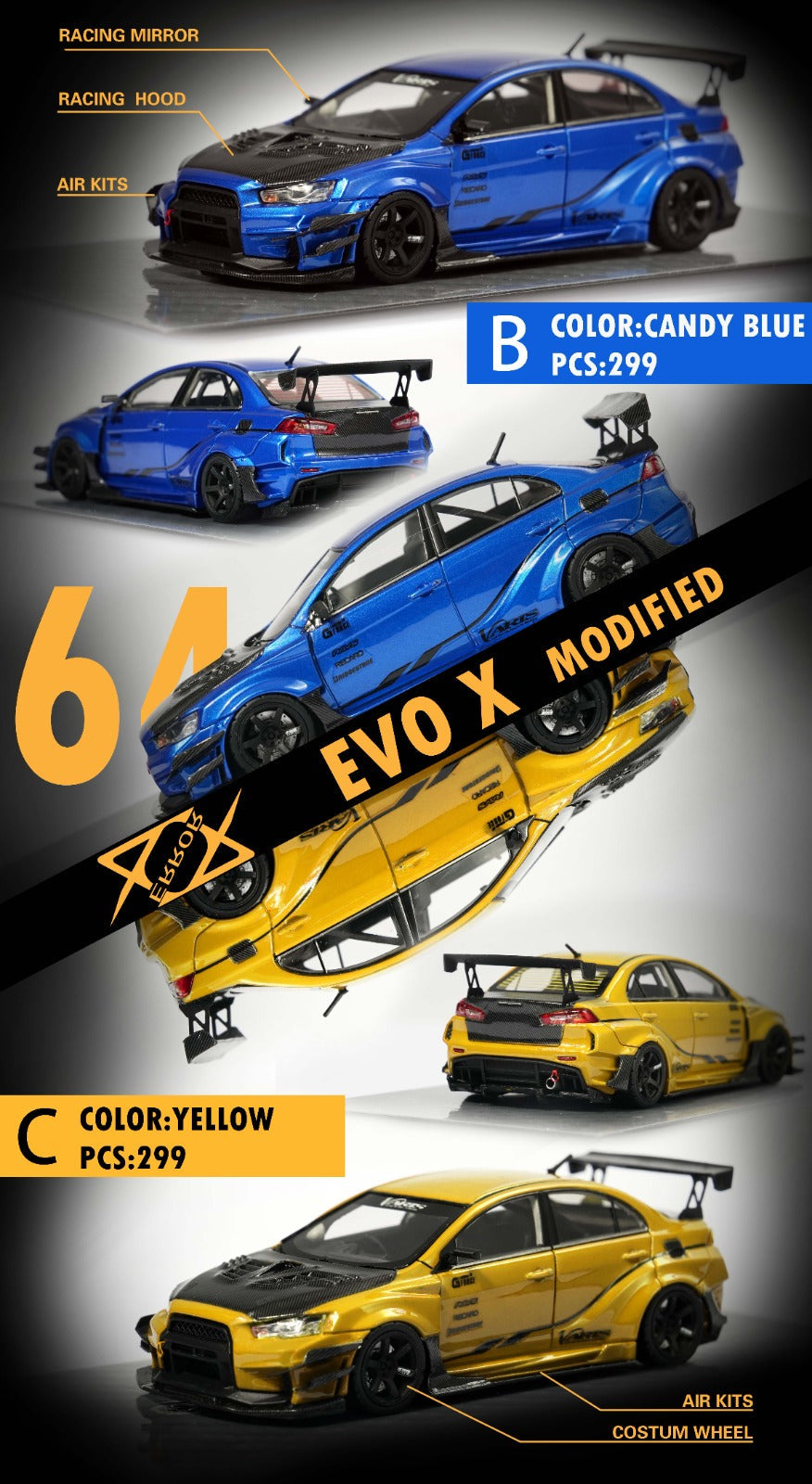 Error404 Model Mitsubishi Evolution X Varis Widebody in Candy Blue OR Yellow 1:64 Each Limited to 299 Pcs Main image