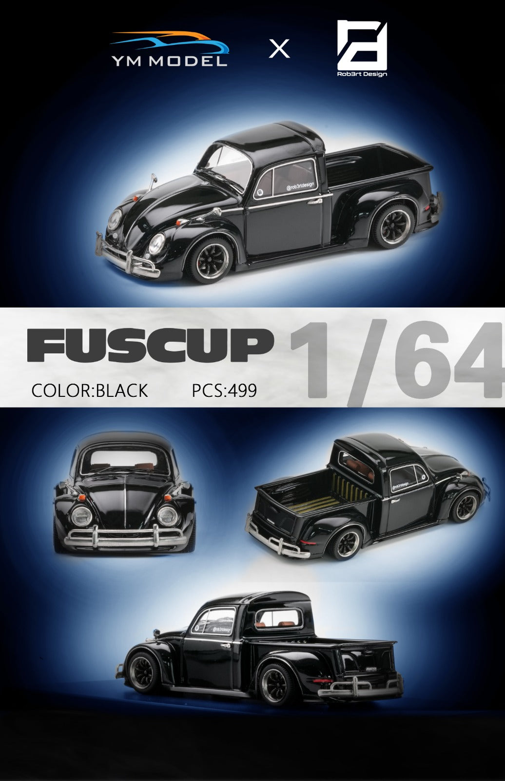 YM Model X Robert Design Volkswagen Beetle Pickup Truck FUSCUP in Black 1:64 Limited to 499 Pcs - Collectors World Toys