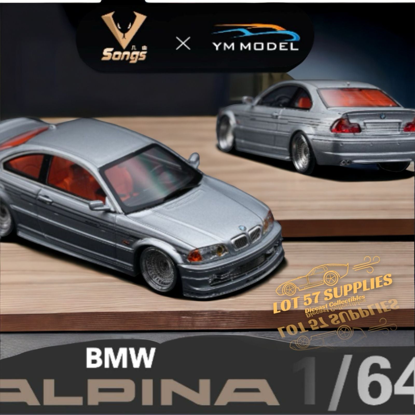 YM Model x SONGS BMW E46 Alpina B3 in Titan Silver Limited to 249 Pcs 1:64 Main image