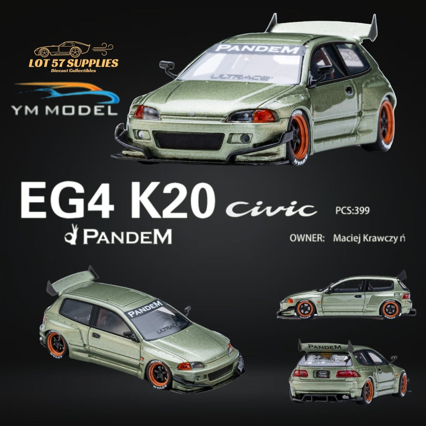 (Pre-Order) YM Model Honda Civic Pandem EG4 K20 Modified Bronze Green 1:64 Limited to 399 PCS
