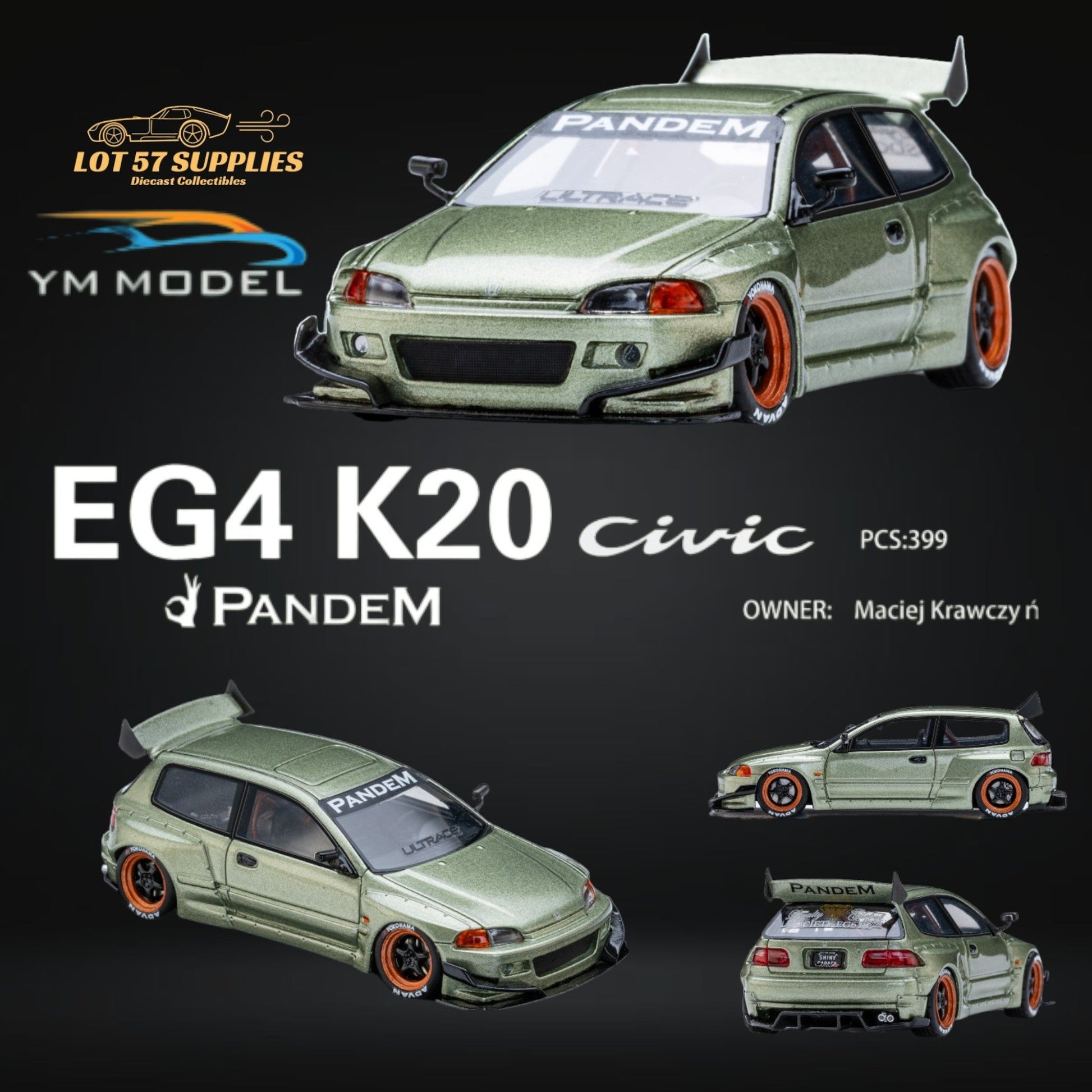 (Pre-Order) YM Model Honda Civic Pandem EG4 K20 Modified Bronze Green 1:64 Limited to 399 PCS