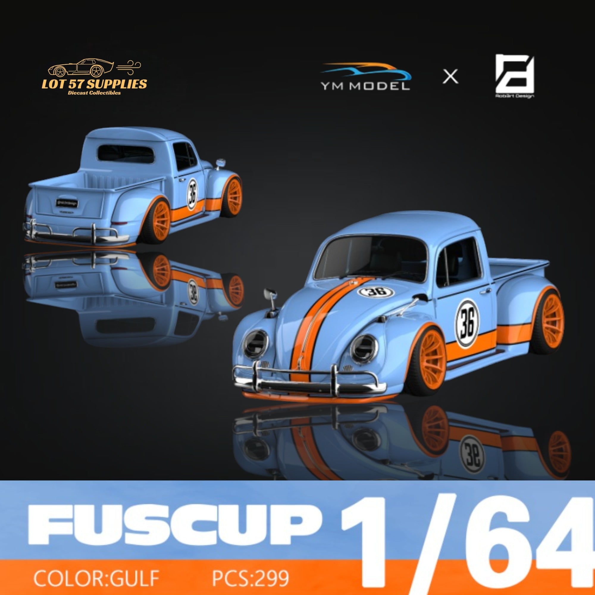 (Pre-Order) YM Model X Robert Design Volkswagen Beetle Pickup Truck FUSCUP in Gulf Livery 1:64 Limited to 299 Pcs - Collectors World Toys