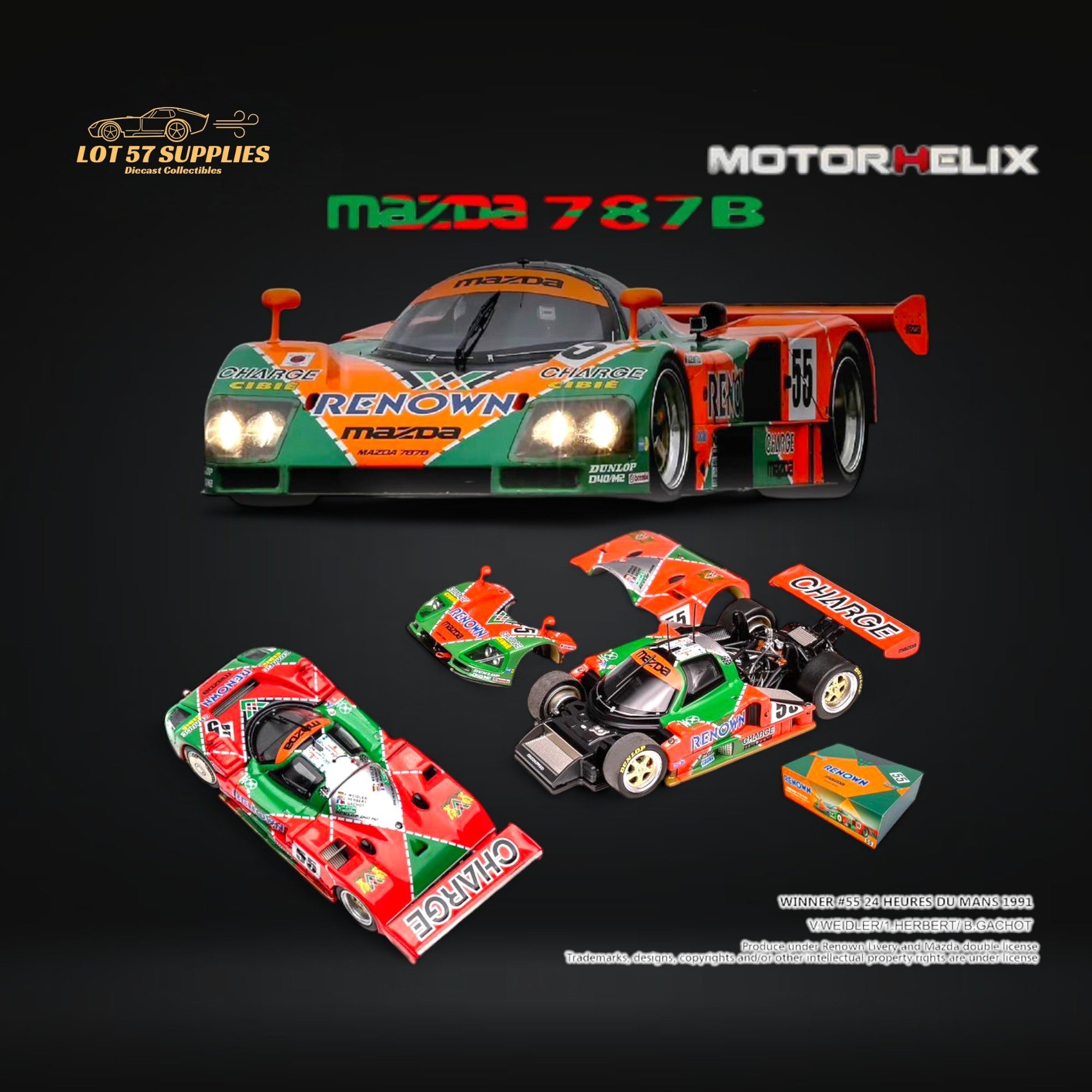 (Pre-Order) MOTORHELIX Mazda 787b #55 Le Mans Championship 1991 Winner 1:64 Main image