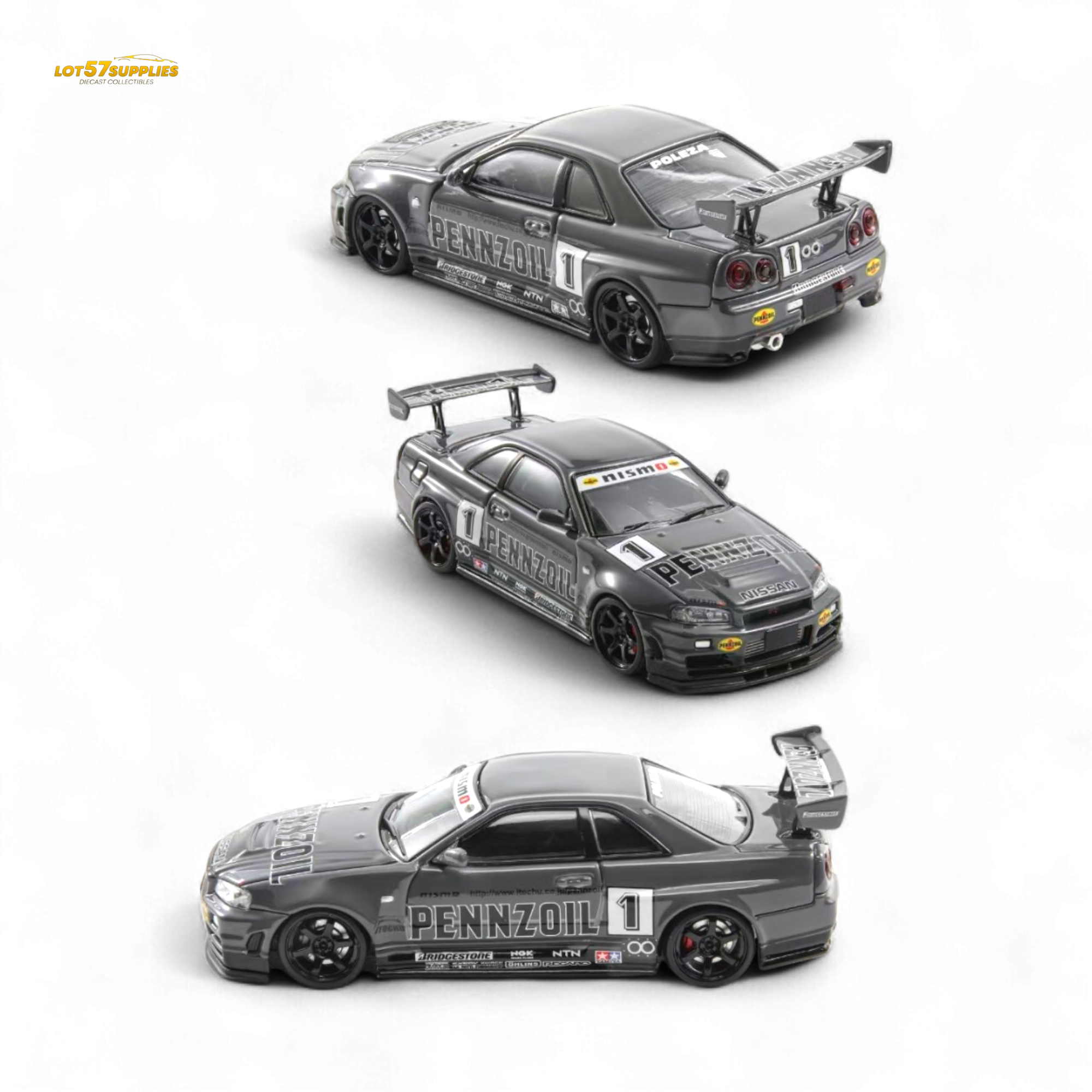 Fast Speed FS 1:64 Skyline GT-R R34 Nismo Z-Tune Pennzoil #1 – Grey (Foshan AIT Exhibition Edition) - Collectors World Toys